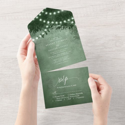 Rustic Emerald Green Tree String Lights Wedding All In One Invitation