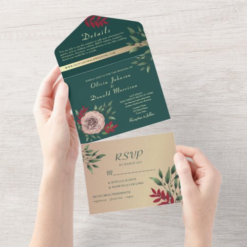 Rustic Emerald Green Wedding All In One Invitation