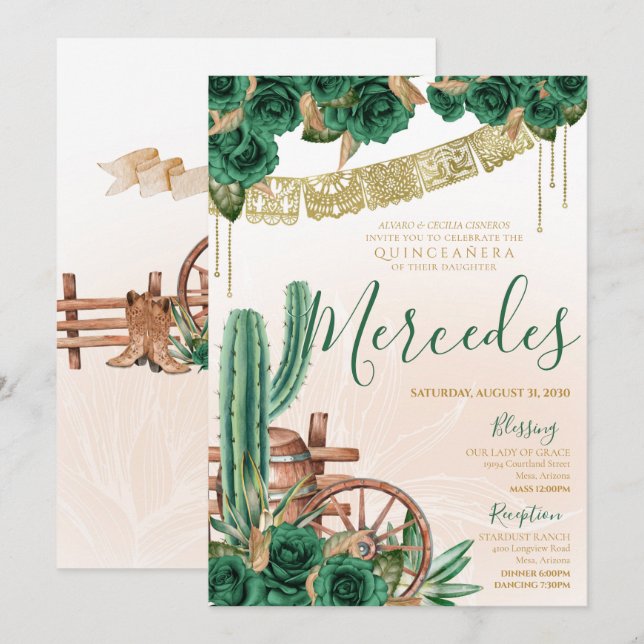 Rustic Emerald Green Western Charro Quinceanera Invitation (Front/Back)