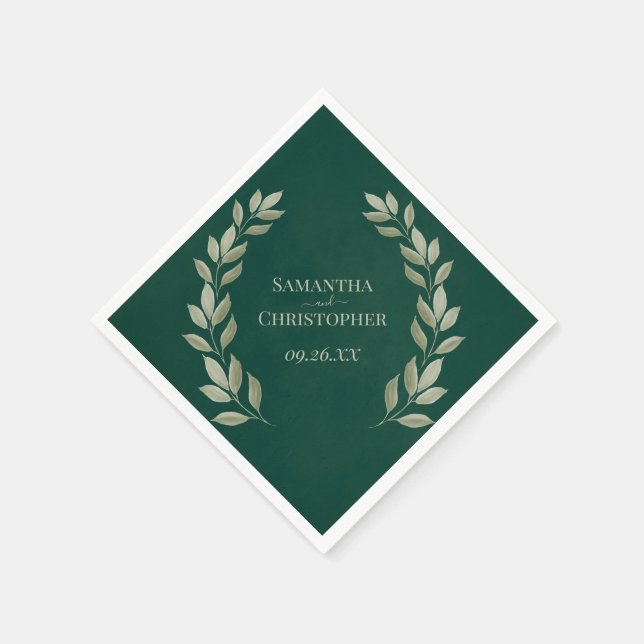 Rustic Emerald & Sage Leaves Diagonal Wedding Napkins (Corner)