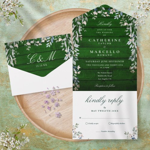 Rustic Emerald Wood Floral Foliage Cascade Wedding All In One Invitation