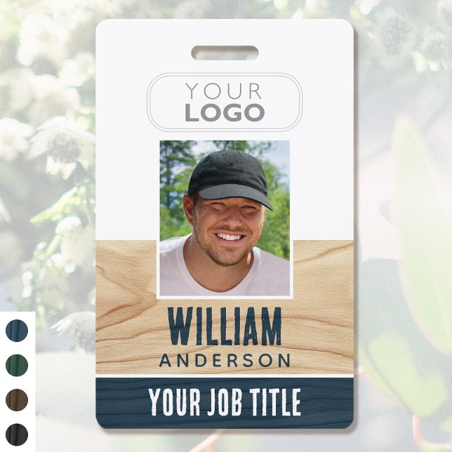 Rustic Employee ID Name Logo Photo Woodgrain Blue Badge (Creator Uploaded)