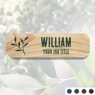 Rustic Employee Name Woodgrain Green Staff ID Name Tag