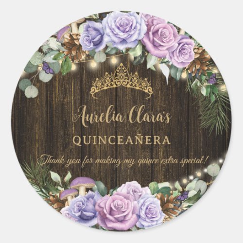 Rustic Enchanted Forest Purple Floral Quinceaera Classic Round Sticker