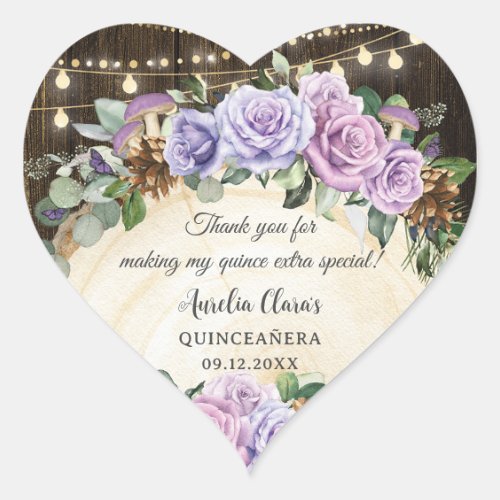 Rustic Enchanted Forest Purple Floral Quinceaera Heart Sticker