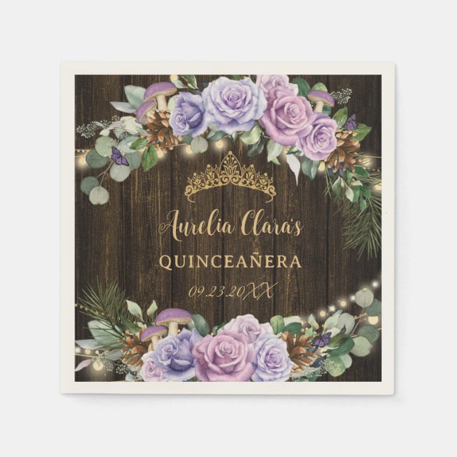 Rustic Enchanted Forest Purple Floral Quinceañera Napkins (Front)