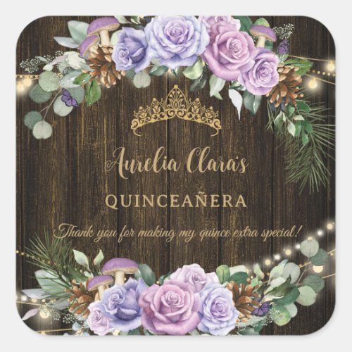 Rustic Enchanted Forest Purple Floral Quinceaera Square Sticker