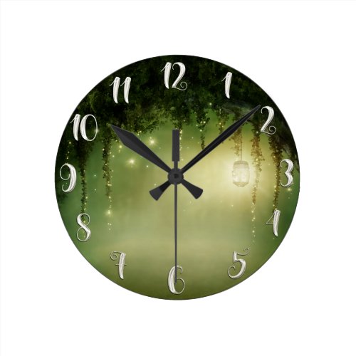 Rustic Enchanted Green Forest &amp; Jar Lights Custom Round Clock