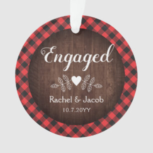 Rustic Engaged Engagement Red Buffalo Plaid Ornament