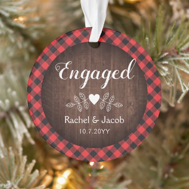 Rustic Engaged Engagement Red Buffalo Plaid Photo Ornament (Tree)