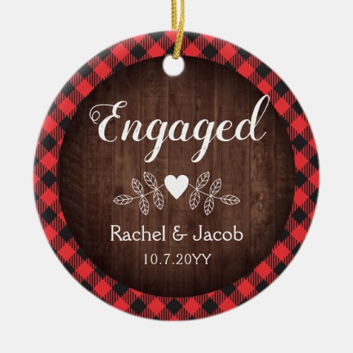 Rustic Engaged Engagement Red Buffalo Plaid Wood Ceramic Ornament