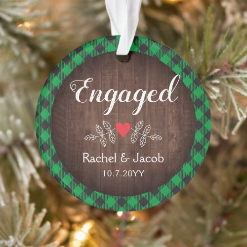 Rustic Engaged Green Buffalo Plaid Couple Ornament