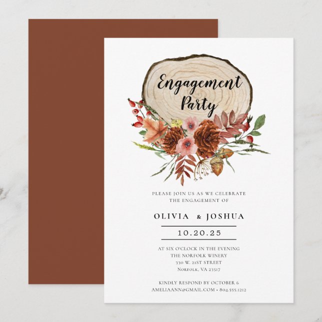 Rustic Engagement Party Fall Floral Wood Slice  Invitation (Front/Back)