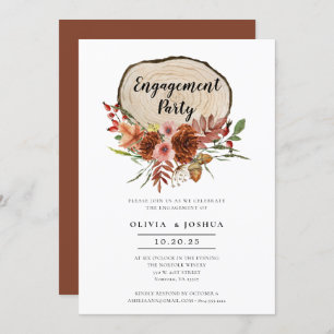 Rustic Engagement Party Fall Floral Wood Slice Invitation