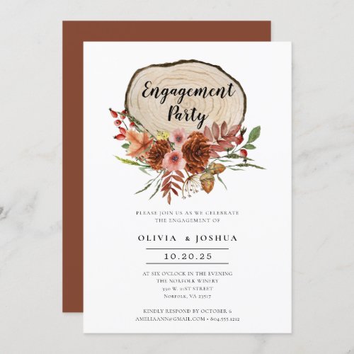 Rustic Engagement Party Fall Floral Wood Slice  Invitation