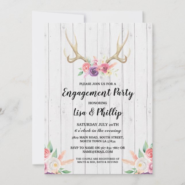 Rustic Engagement Party Shower Antler Floral Invitation (Front)