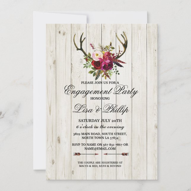 Rustic Engagement Party Shower Antlers Stag Invite (Front)