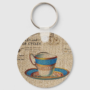 Rustic english country tea party blue teacup keychain