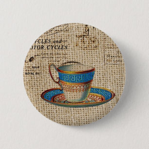 Rustic english country tea party blue teacup pinback button