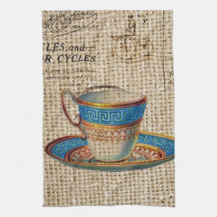 Rustic english country tea party blue teacup towel