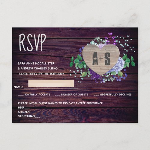 Rustic Engraved Heart Monogram RSVP Floral Wood Invitation Postcard