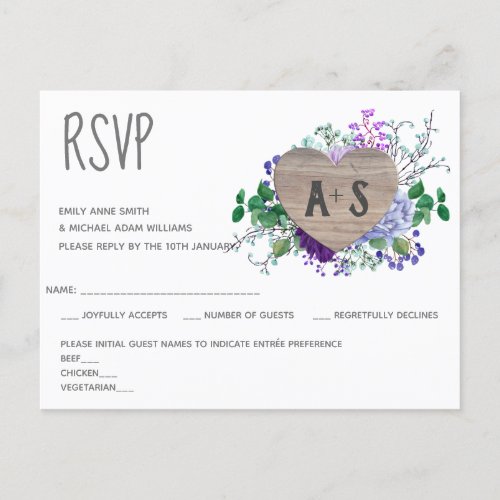 Rustic Engraved Heart Monogram RSVP Floral Wood Invitation Postcard