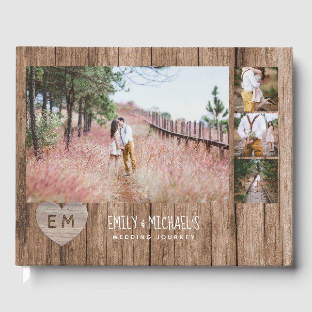 Rustic Engraved Heart Wedding Bridal Shower PHOTOS Guest Book (Front)