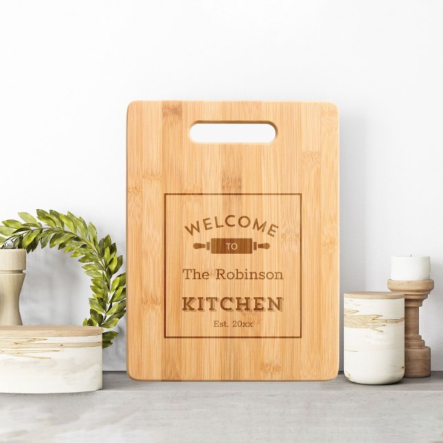 Rustic Engraved Welcome Kitchen Family Name Wooden Engraved Cutting Board (Engraved Family Name Kitchen Wooden Template Cutting board mock up kitchen decor)