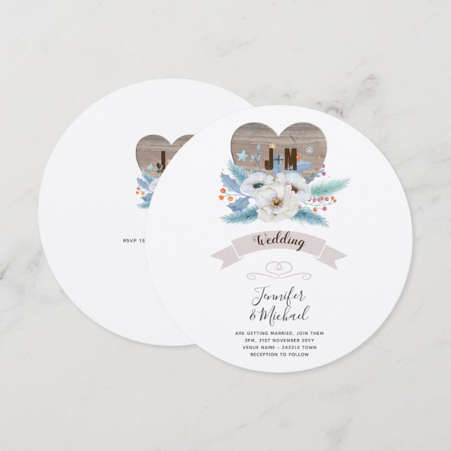 Rustic Engraved Wood Heart Monogram Floral Fall Invitation (Front/Back)