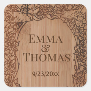 Rustic Engraved Wood Wedding Name Floral Square Sticker