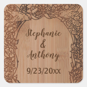 Rustic Engraved Wood Wedding Name Floral Square Sticker