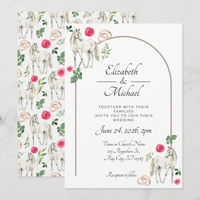 Rustic Equestrian Floral Pink Wedding Invitation (Front/Back)