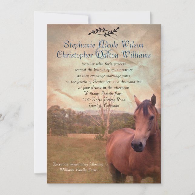 Rustic Equestrian Wedding Invitation - Blue Back (Front)