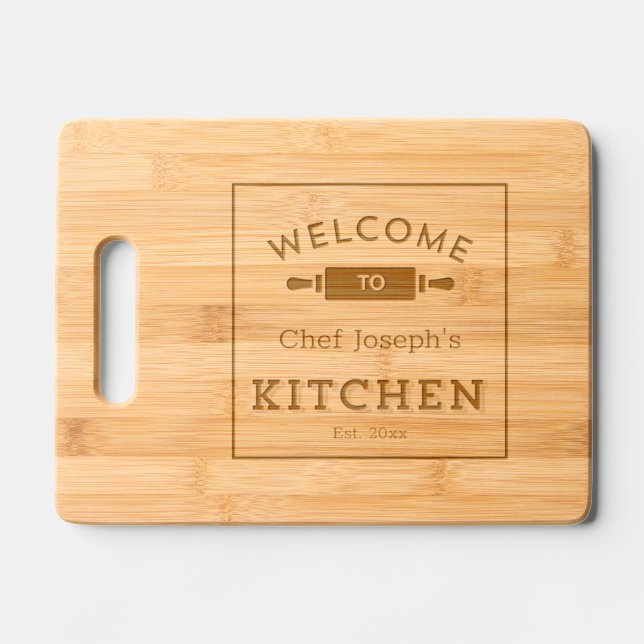 Rustic Etched Welcome Kitchen Chef Name Wooden Engraved Cutting Board (Front)