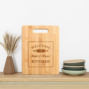 Rustic Etched Welcome To Kitchen with Name & Date Engraved Cutting Board