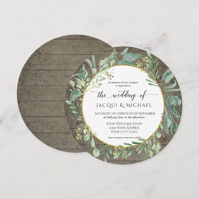 Rustic Eucalpytus Foliage Watercolor Wedding Round Invitation (Front/Back)