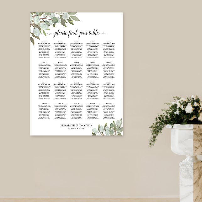 Rustic Eucalyptus 20 Table Wedding Seating Chart (In Situ on Wall with Pedestal Vase)