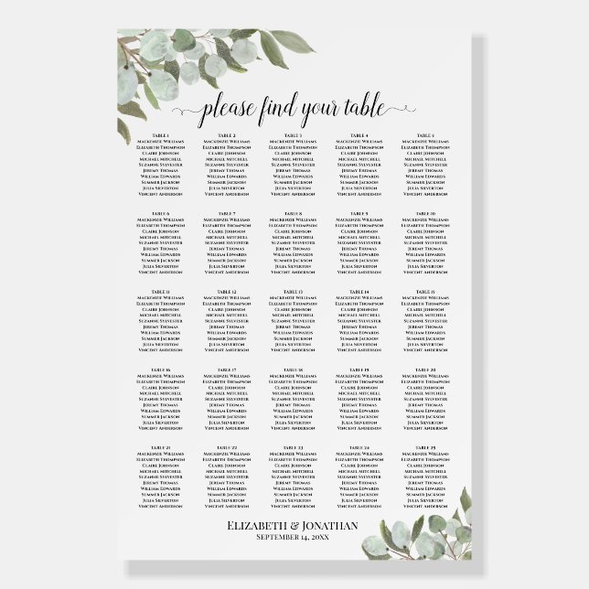 Rustic Eucalyptus 25 Table Wedding Seating Chart Foam Board (Front)