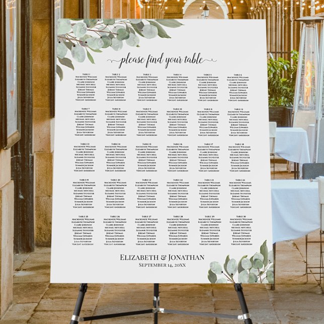 Rustic Eucalyptus 30 Table Wedding Seating Chart Foam Board (In Situ at Reception)