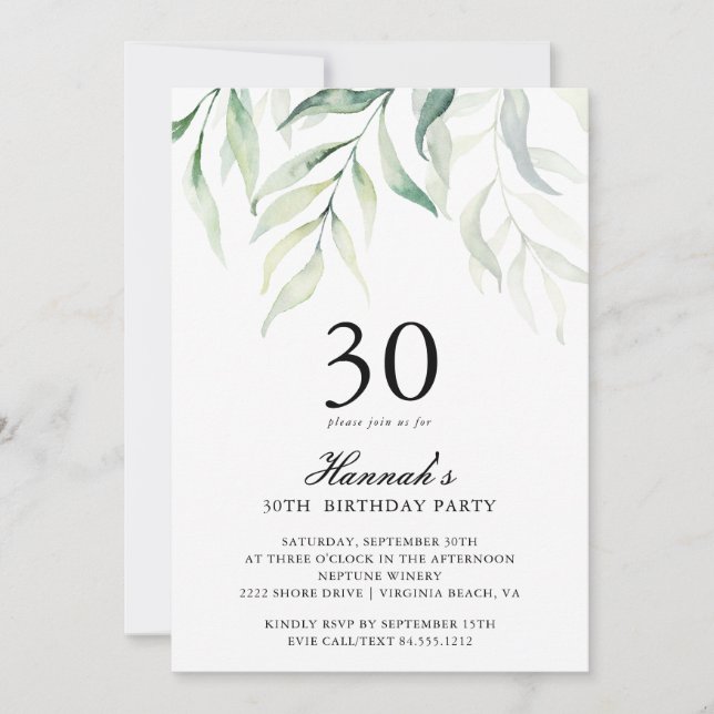 Rustic Eucalyptus 30th Birthday Party Invitation (Front)