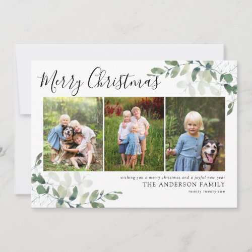 Rustic Eucalyptus 3 Photo Merry Christmas Holiday Card