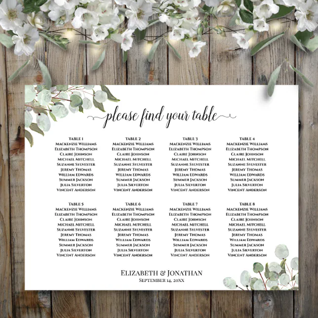 Rustic Eucalyptus 8 Table Wedding Seating Chart | Zazzle