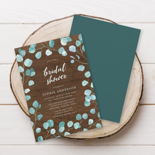 Rustic Eucalyptus and Brown Wood Bridal Shower Invitation