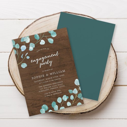 Rustic Eucalyptus and Brown Wood Engagement Party Invitation
