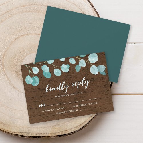 Rustic Eucalyptus and Brown Wood Kindly Reply RSVP Card