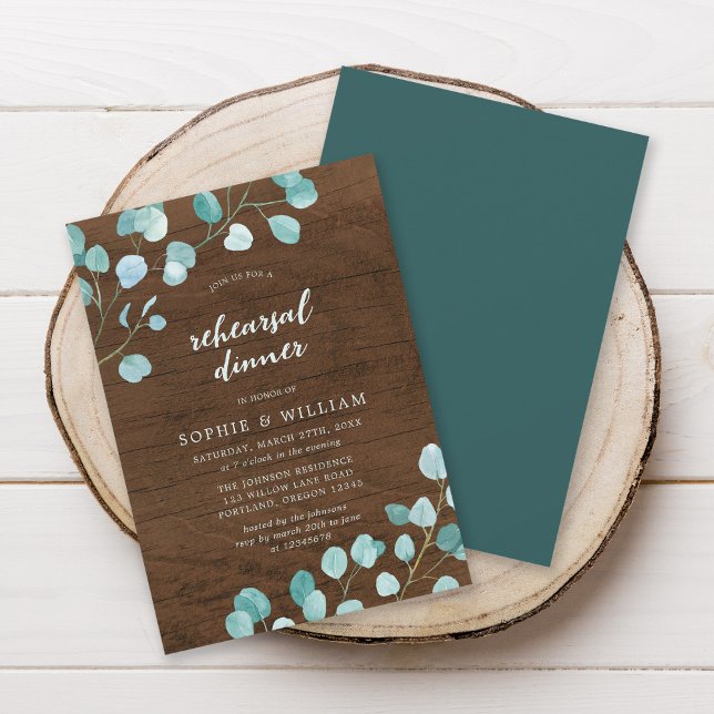 Rustic Eucalyptus and Brown Wood Rehearsal Dinner Invitation (Creator Uploaded)