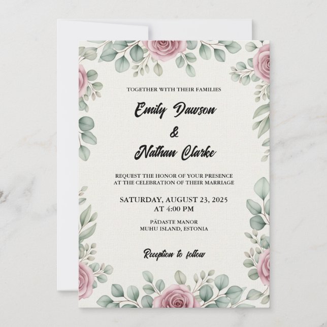 Rustic Eucalyptus and Pink Rose Wedding Invitation (Front)