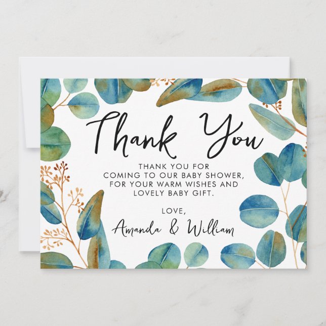 Rustic Eucalyptus Baby Shower Thank You Card (Front)