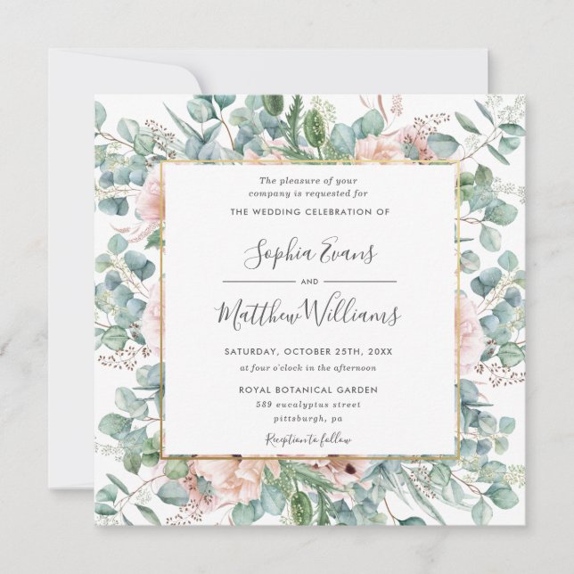 Rustic Eucalyptus Blush Dusty Pink Floral Wedding Invitation (Front)