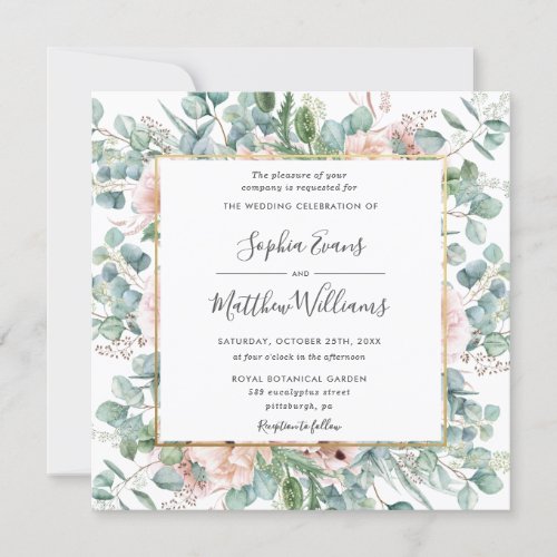 Rustic Eucalyptus Blush Dusty Pink Floral Wedding Invitation